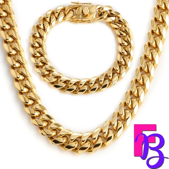 *NEW!* 2 pc Set- 14MM 18K Miami Cuban Chain & Bracelet Set - Picture 3 of 15